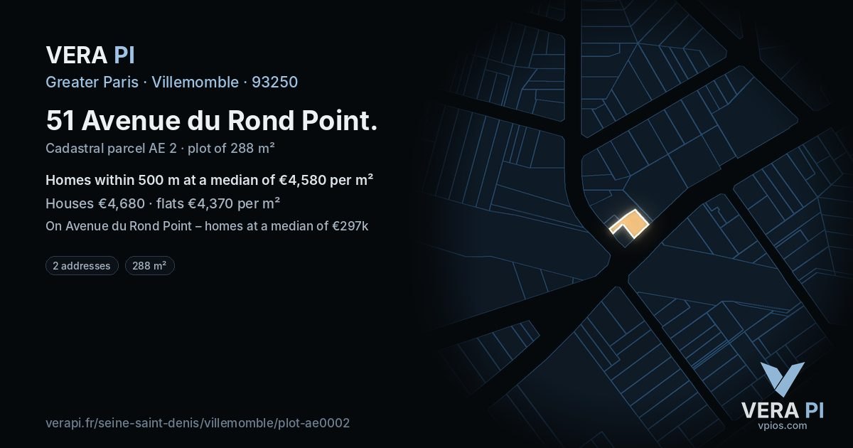 51 Avenue du Rond Point, Villemomble at night – the plot lit, the parcels around coloured by the prices near them