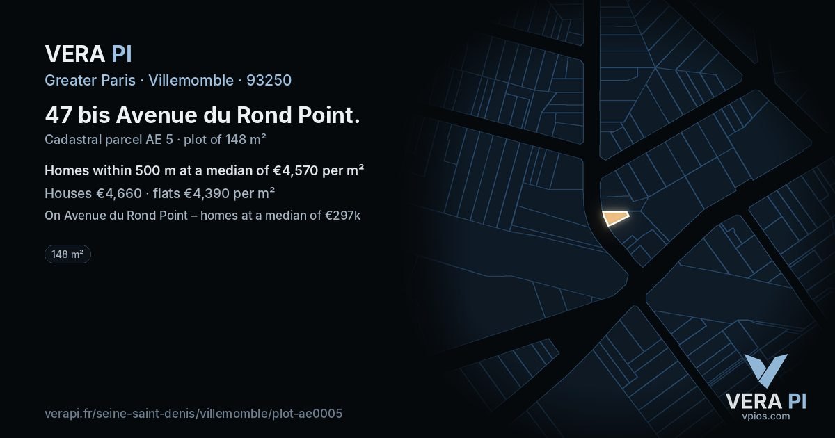47 bis Avenue du Rond Point, Villemomble at night – the plot lit, the parcels around coloured by the prices near them