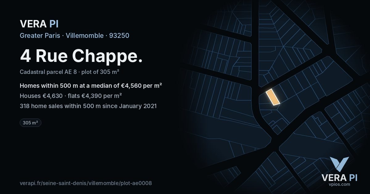 4 Rue Chappe, Villemomble at night – the plot lit, the parcels around coloured by the prices near them