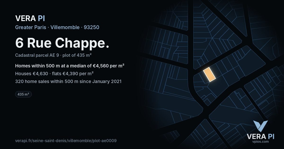 6 Rue Chappe, Villemomble at night – the plot lit, the parcels around coloured by the prices near them