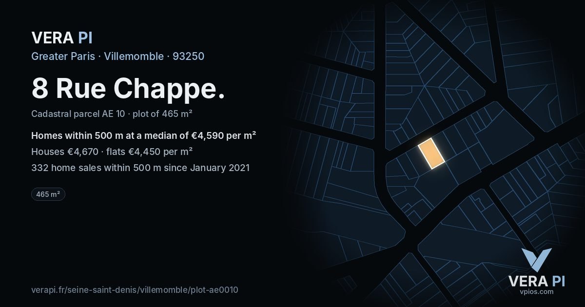 8 Rue Chappe, Villemomble at night – the plot lit, the parcels around coloured by the prices near them
