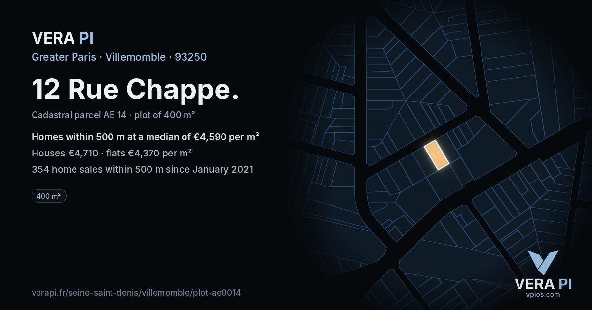 12 Rue Chappe, Villemomble at night – the plot lit, the parcels around coloured by the prices near them