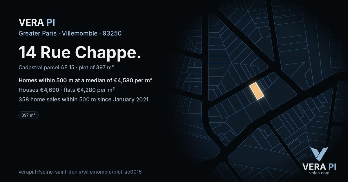14 Rue Chappe, Villemomble at night – the plot lit, the parcels around coloured by the prices near them