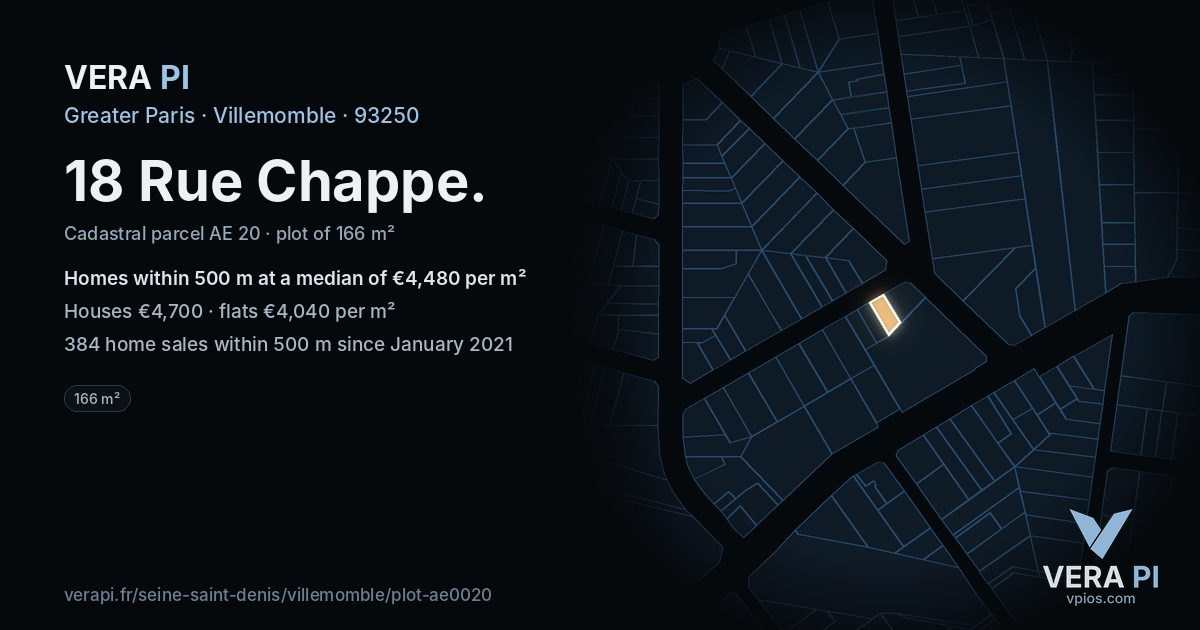18 Rue Chappe, Villemomble at night – the plot lit, the parcels around coloured by the prices near them