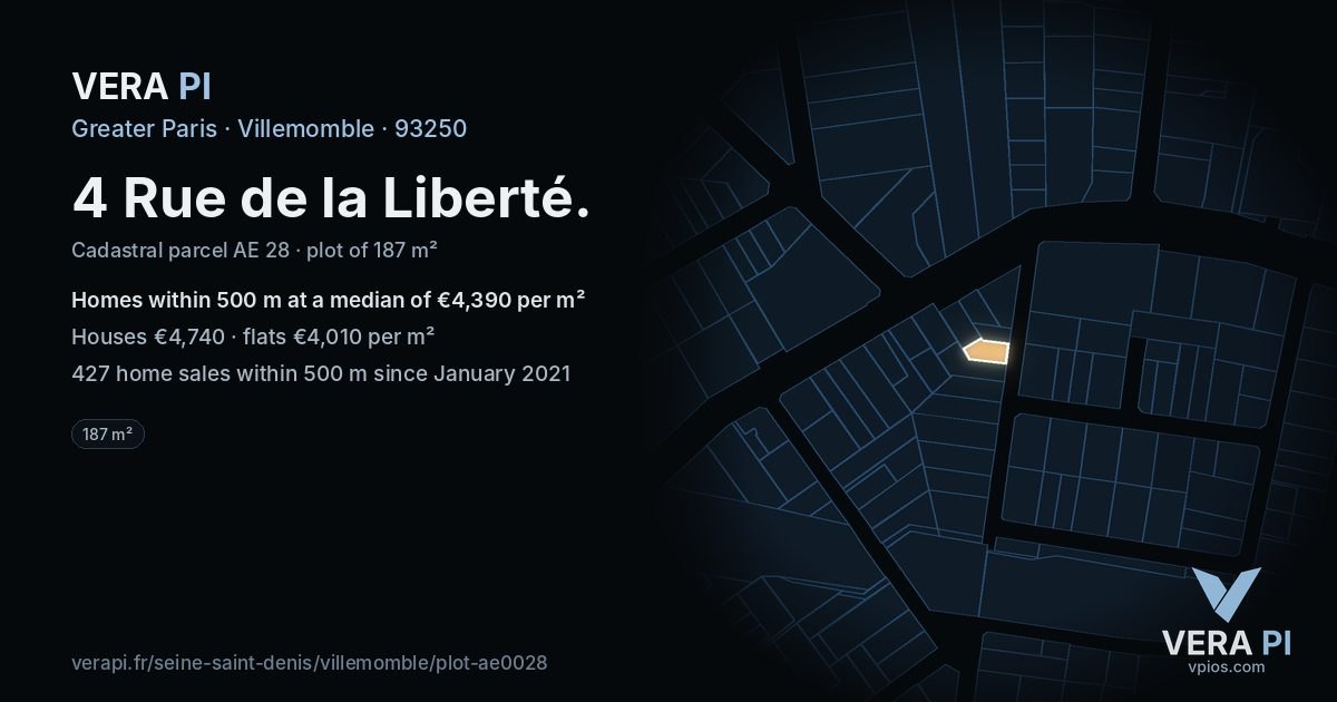 4 Rue de la Liberté, Villemomble at night – the plot lit, the parcels around coloured by the prices near them