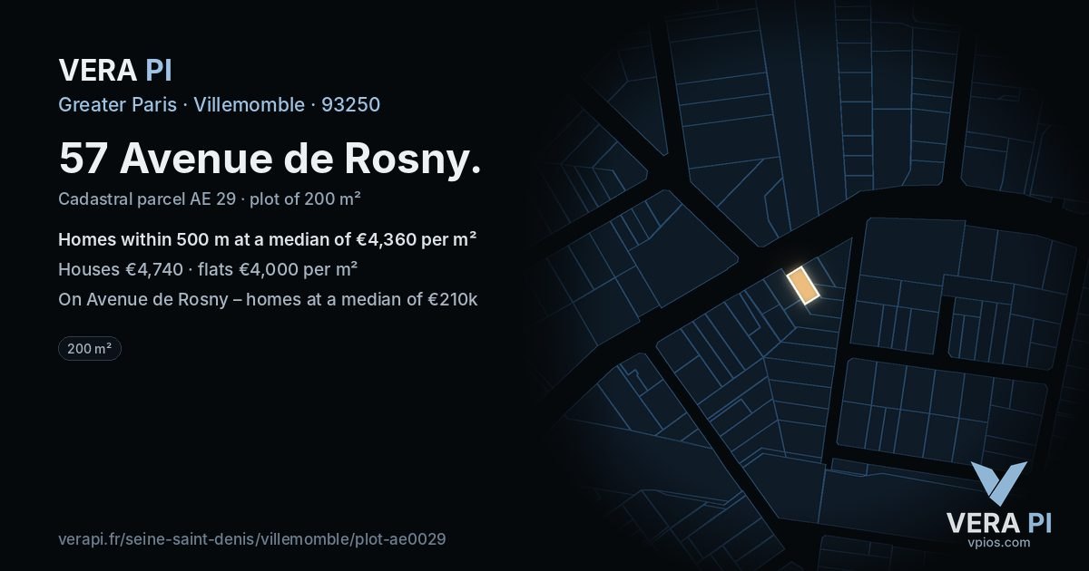 57 Avenue de Rosny, Villemomble at night – the plot lit, the parcels around coloured by the prices near them
