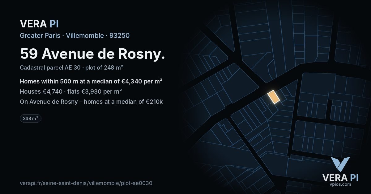59 Avenue de Rosny, Villemomble at night – the plot lit, the parcels around coloured by the prices near them