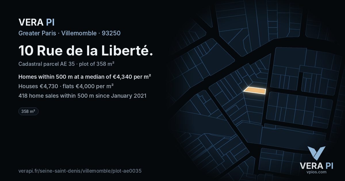 10 Rue de la Liberté, Villemomble at night – the plot lit, the parcels around coloured by the prices near them