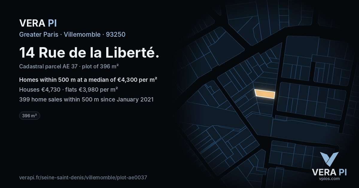 14 Rue de la Liberté, Villemomble at night – the plot lit, the parcels around coloured by the prices near them