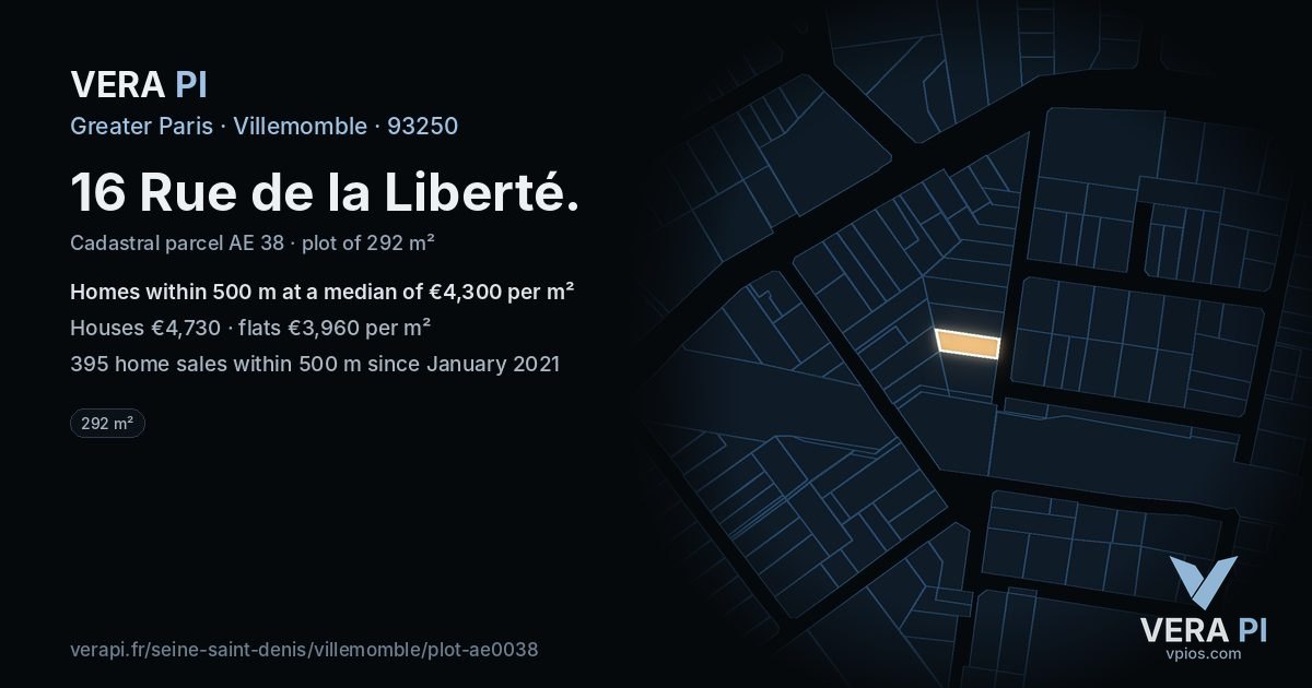 16 Rue de la Liberté, Villemomble at night – the plot lit, the parcels around coloured by the prices near them