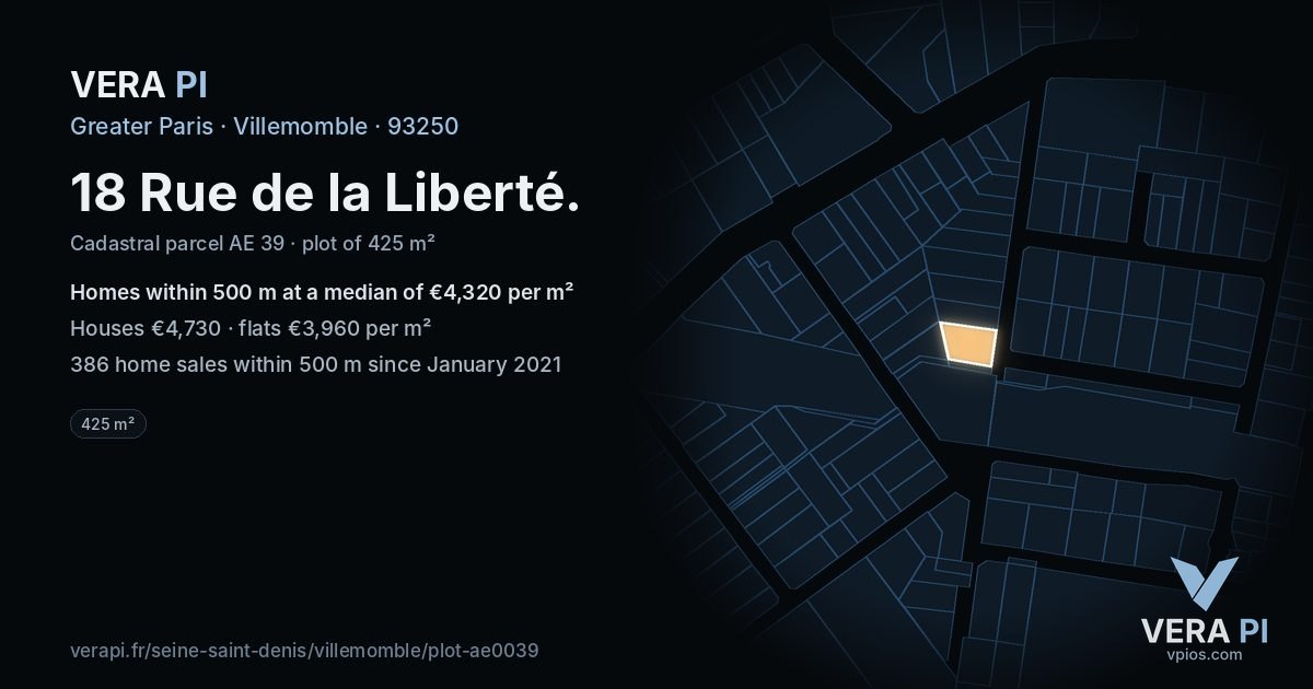 18 Rue de la Liberté, Villemomble at night – the plot lit, the parcels around coloured by the prices near them