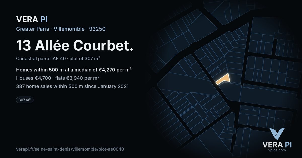 13 Allée Courbet, Villemomble at night – the plot lit, the parcels around coloured by the prices near them