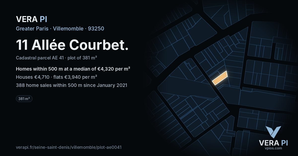11 Allée Courbet, Villemomble at night – the plot lit, the parcels around coloured by the prices near them