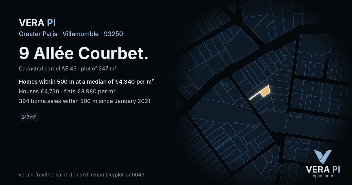 9 Allée Courbet, Villemomble at night – the plot lit, the parcels around coloured by the prices near them