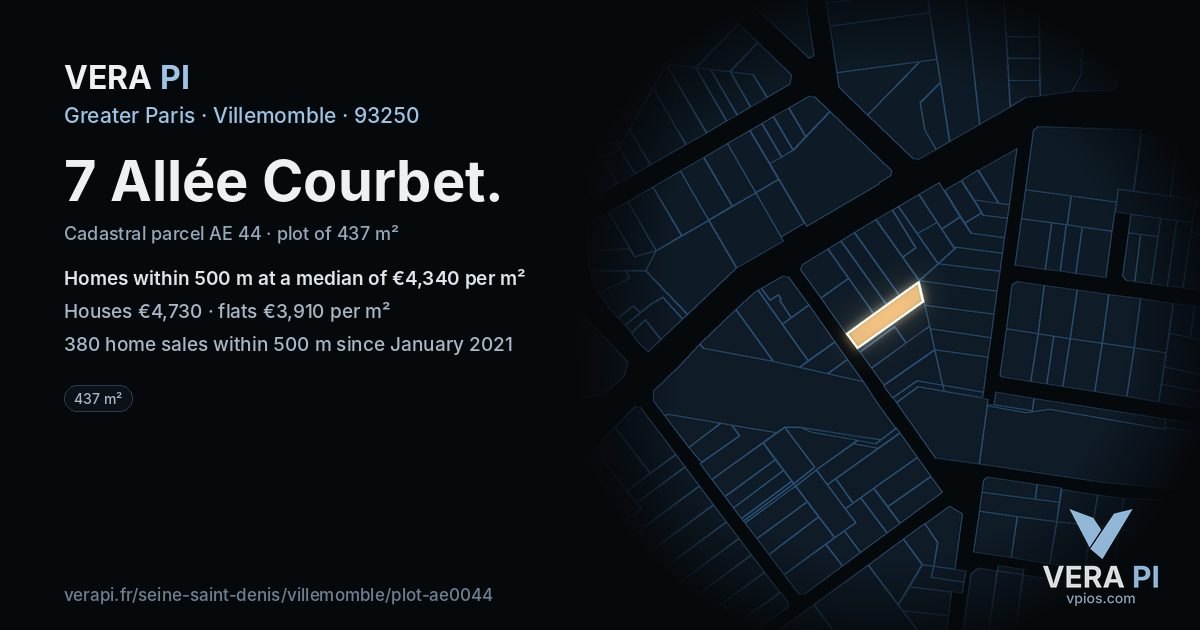 7 Allée Courbet, Villemomble at night – the plot lit, the parcels around coloured by the prices near them