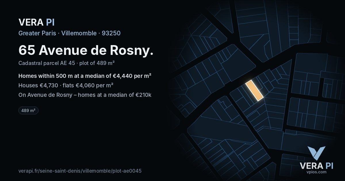 65 Avenue de Rosny, Villemomble at night – the plot lit, the parcels around coloured by the prices near them