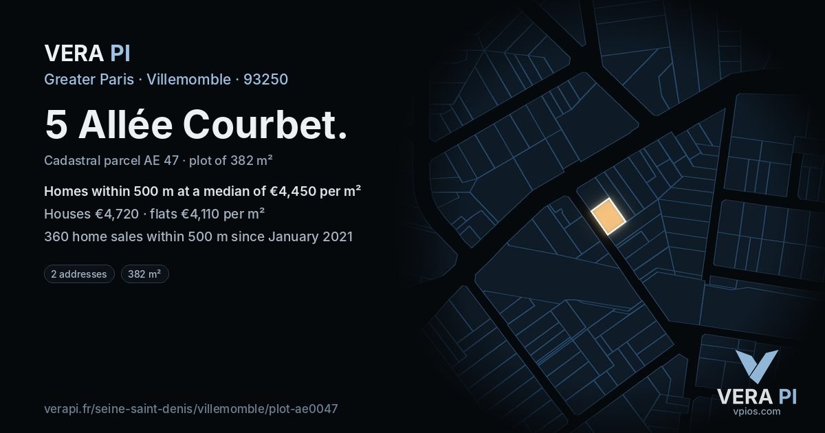 5 Allée Courbet, Villemomble at night – the plot lit, the parcels around coloured by the prices near them