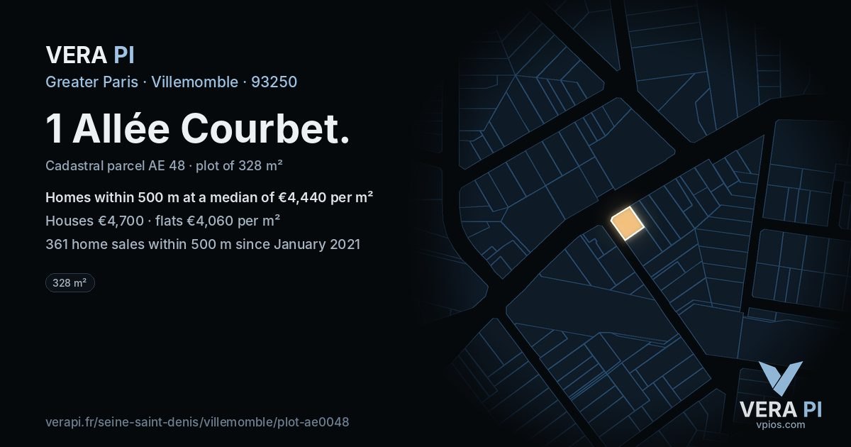 1 Allée Courbet, Villemomble at night – the plot lit, the parcels around coloured by the prices near them