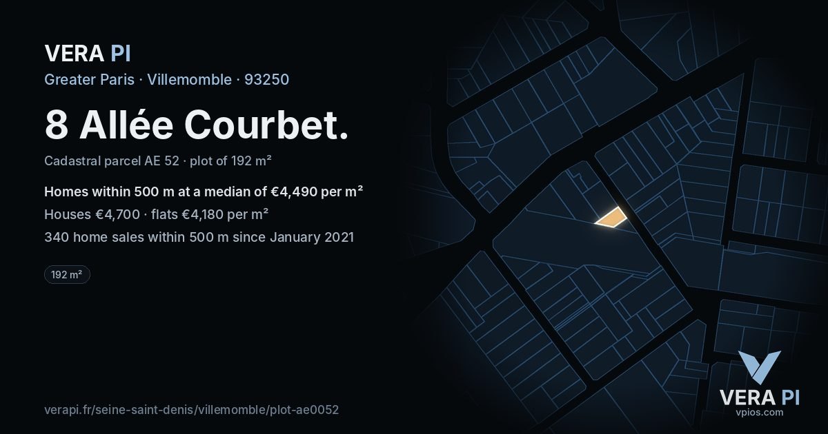 8 Allée Courbet, Villemomble at night – the plot lit, the parcels around coloured by the prices near them