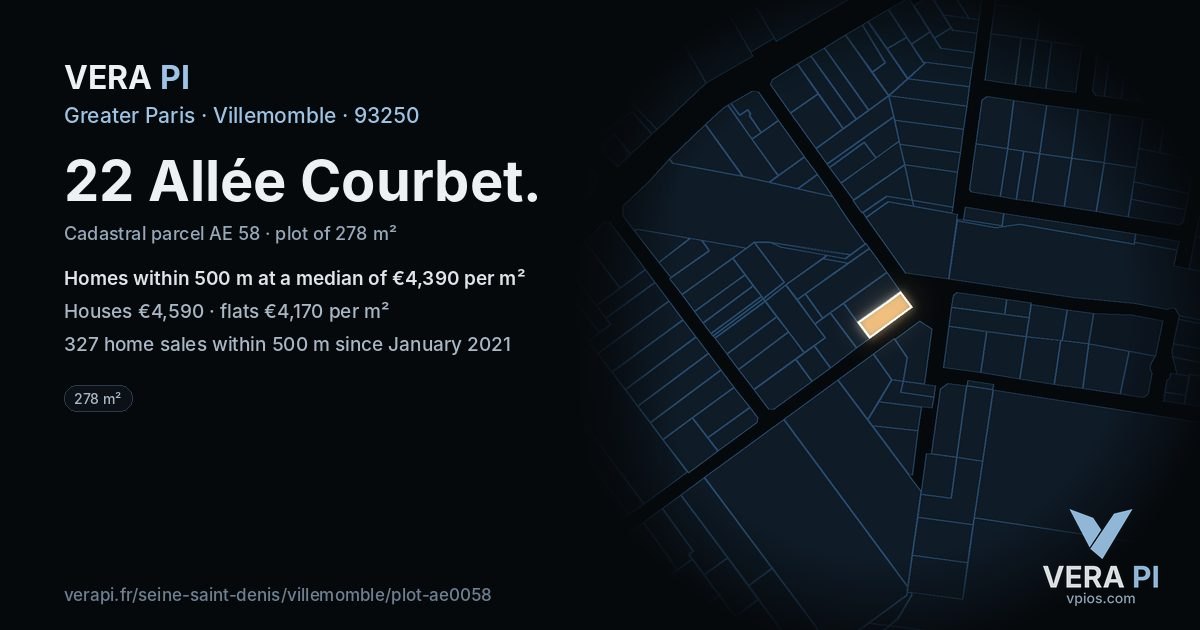 22 Allée Courbet, Villemomble at night – the plot lit, the parcels around coloured by the prices near them