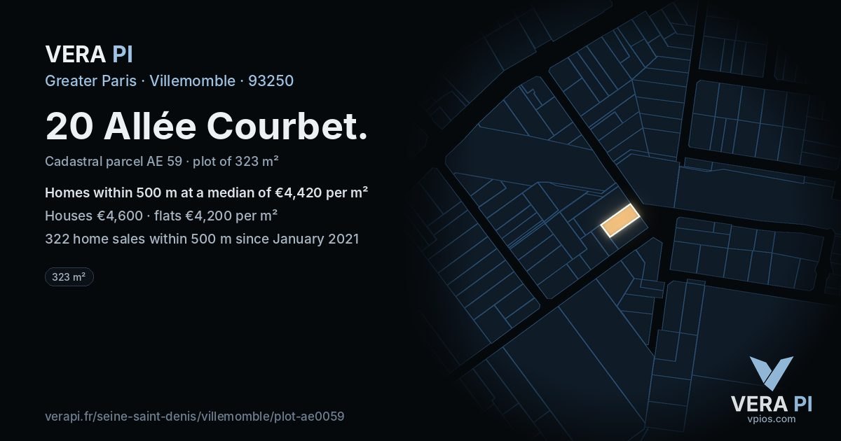 20 Allée Courbet, Villemomble at night – the plot lit, the parcels around coloured by the prices near them