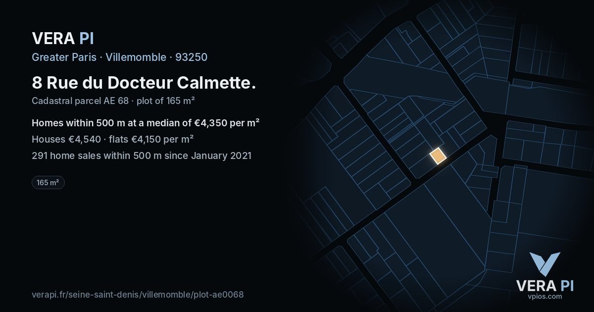 8 Rue du Docteur Calmette, Villemomble at night – the plot lit, the parcels around coloured by the prices near them