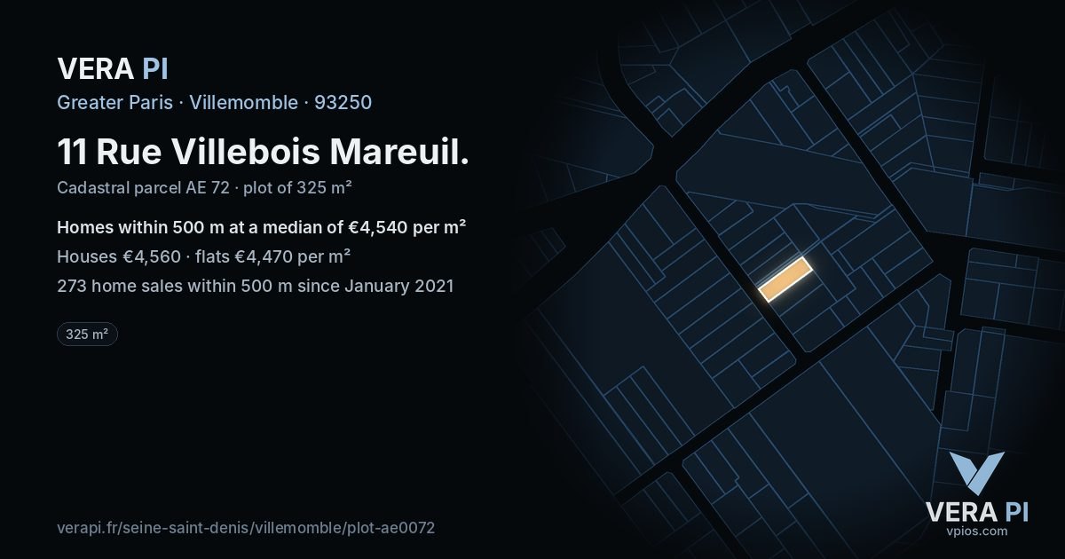 11 Rue Villebois Mareuil, Villemomble at night – the plot lit, the parcels around coloured by the prices near them