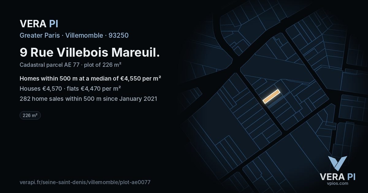 9 Rue Villebois Mareuil, Villemomble at night – the plot lit, the parcels around coloured by the prices near them