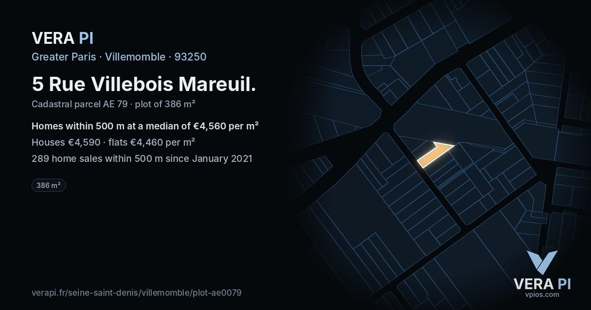 5 Rue Villebois Mareuil, Villemomble at night – the plot lit, the parcels around coloured by the prices near them
