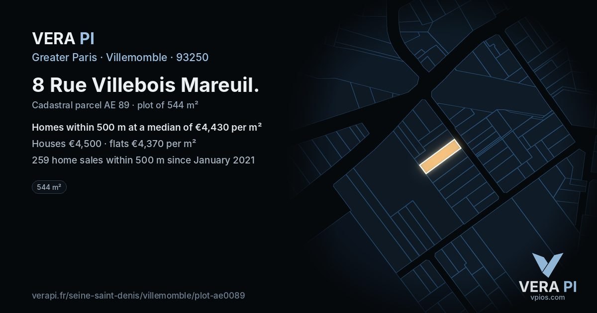 8 Rue Villebois Mareuil, Villemomble at night – the plot lit, the parcels around coloured by the prices near them