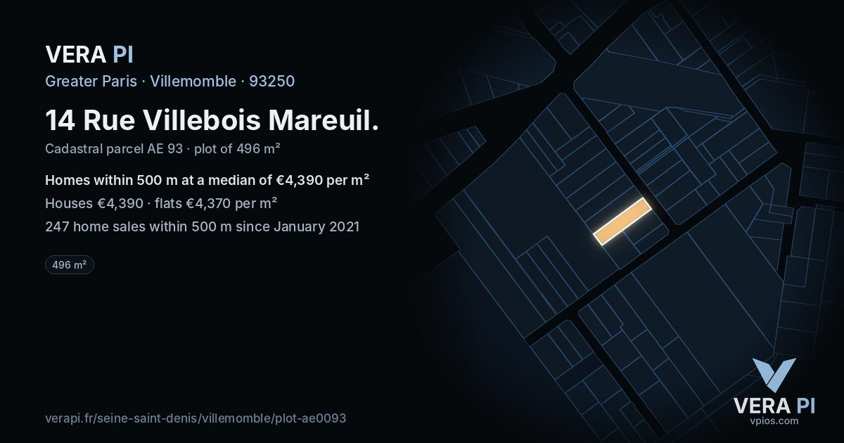 14 Rue Villebois Mareuil, Villemomble at night – the plot lit, the parcels around coloured by the prices near them