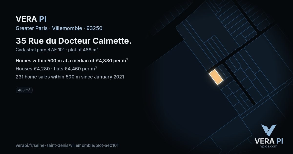 35 Rue du Docteur Calmette, Villemomble at night – the plot lit, the parcels around coloured by the prices near them