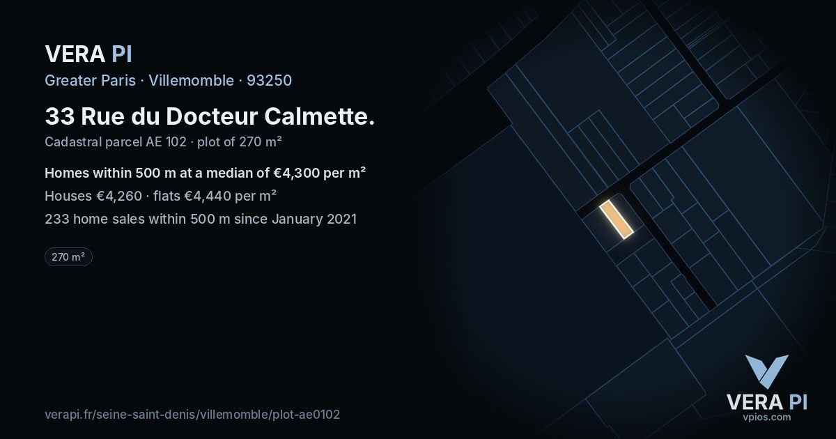 33 Rue du Docteur Calmette, Villemomble at night – the plot lit, the parcels around coloured by the prices near them
