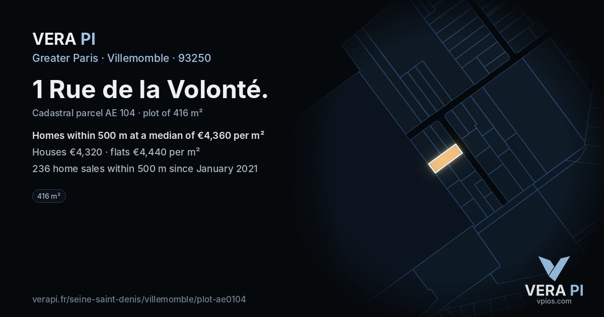 1 Rue de la Volonté, Villemomble at night – the plot lit, the parcels around coloured by the prices near them