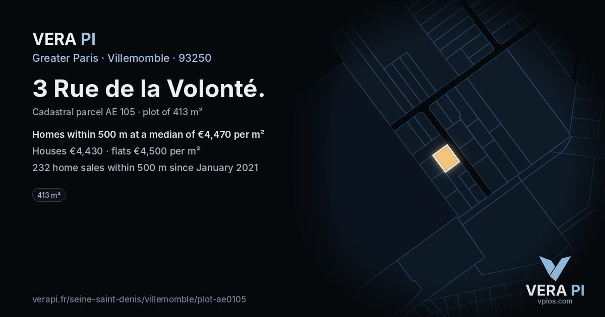 3 Rue de la Volonté, Villemomble at night – the plot lit, the parcels around coloured by the prices near them