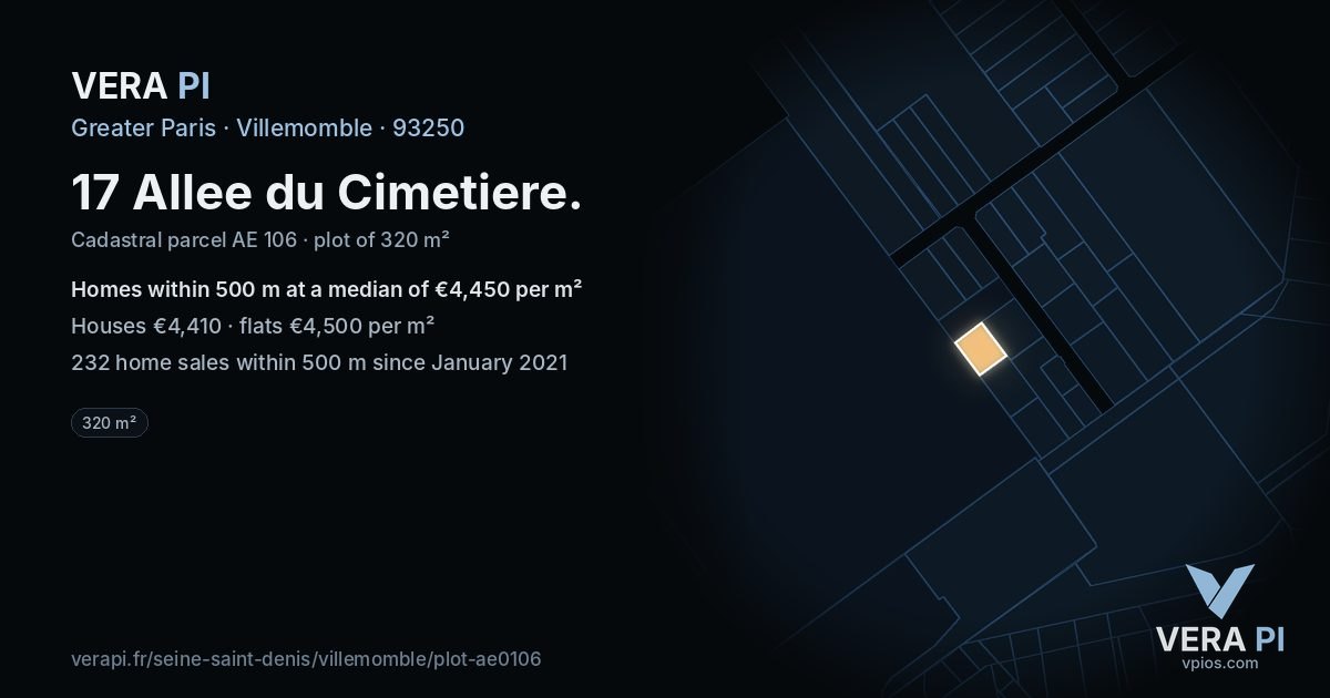 17 Allee du Cimetiere, Villemomble at night – the plot lit, the parcels around coloured by the prices near them