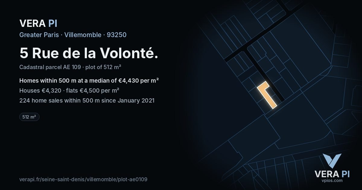 5 Rue de la Volonté, Villemomble at night – the plot lit, the parcels around coloured by the prices near them