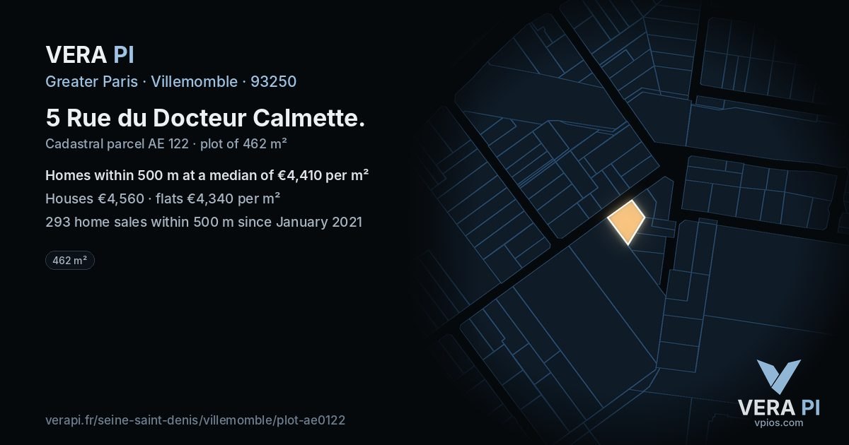 5 Rue du Docteur Calmette, Villemomble at night – the plot lit, the parcels around coloured by the prices near them