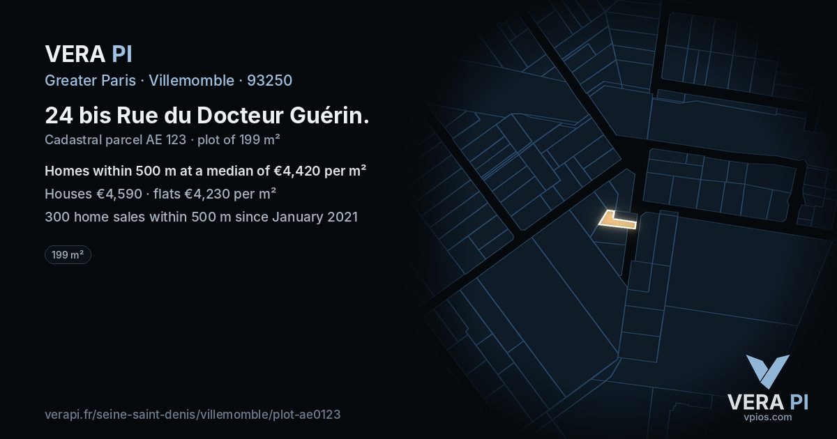24 bis Rue du Docteur Guérin, Villemomble at night – the plot lit, the parcels around coloured by the prices near them