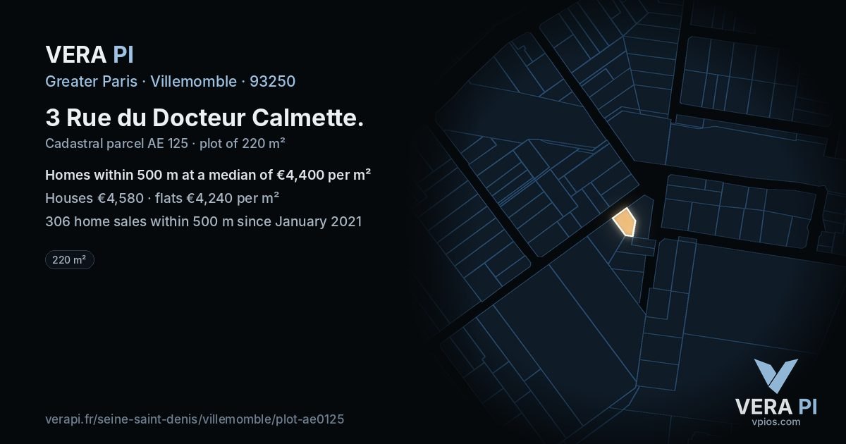 3 Rue du Docteur Calmette, Villemomble at night – the plot lit, the parcels around coloured by the prices near them
