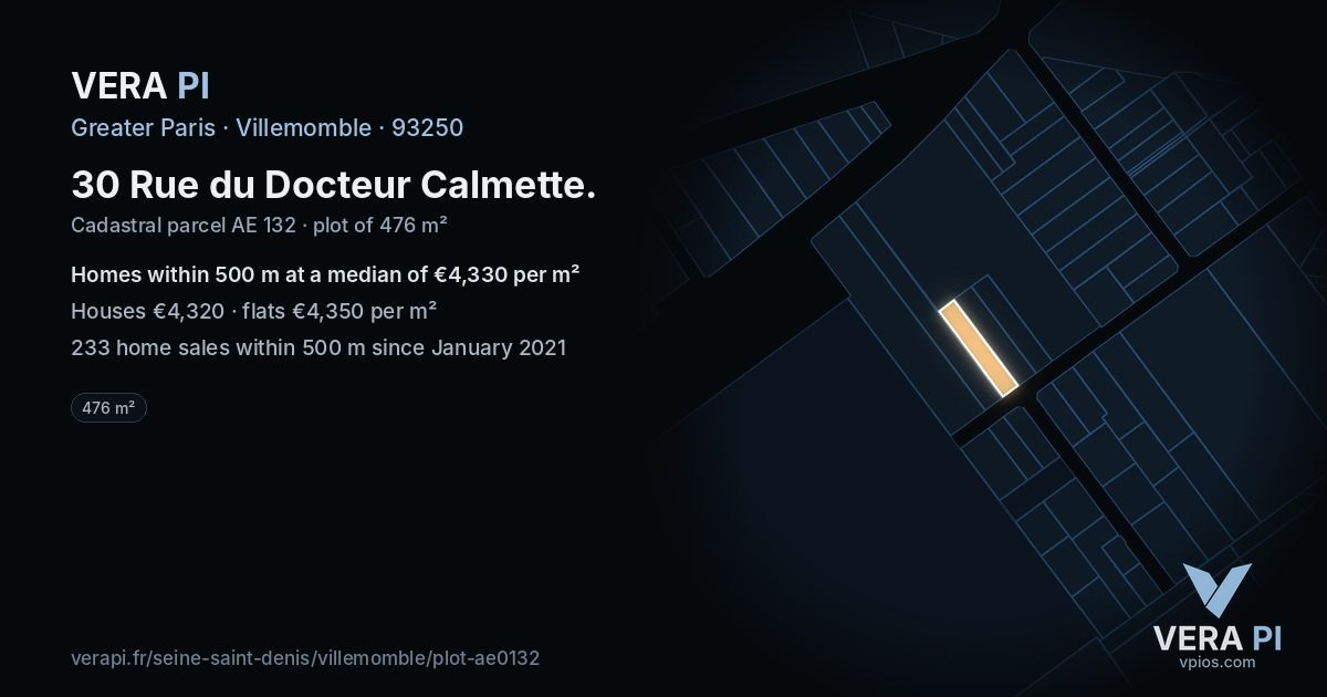 30 Rue du Docteur Calmette, Villemomble at night – the plot lit, the parcels around coloured by the prices near them