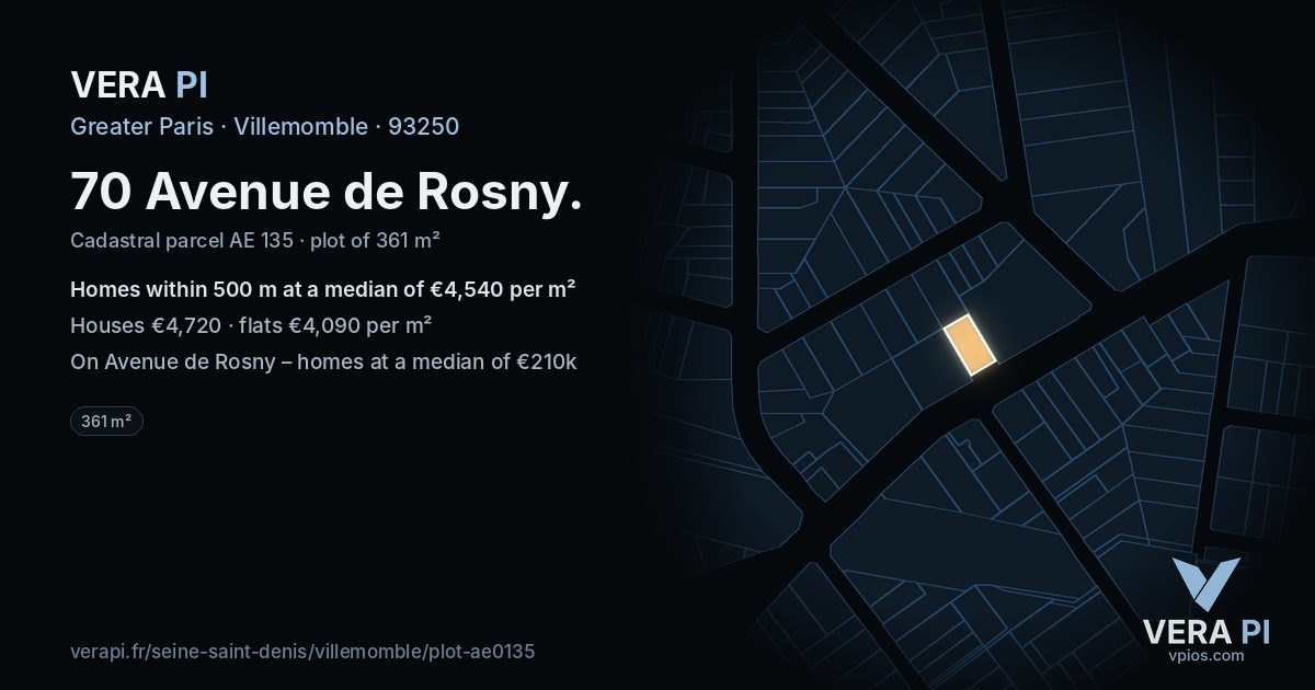 70 Avenue de Rosny, Villemomble at night – the plot lit, the parcels around coloured by the prices near them