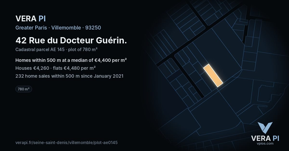 42 Rue du Docteur Guérin, Villemomble at night – the plot lit, the parcels around coloured by the prices near them