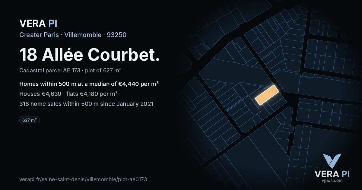 18 Allée Courbet, Villemomble at night – the plot lit, the parcels around coloured by the prices near them