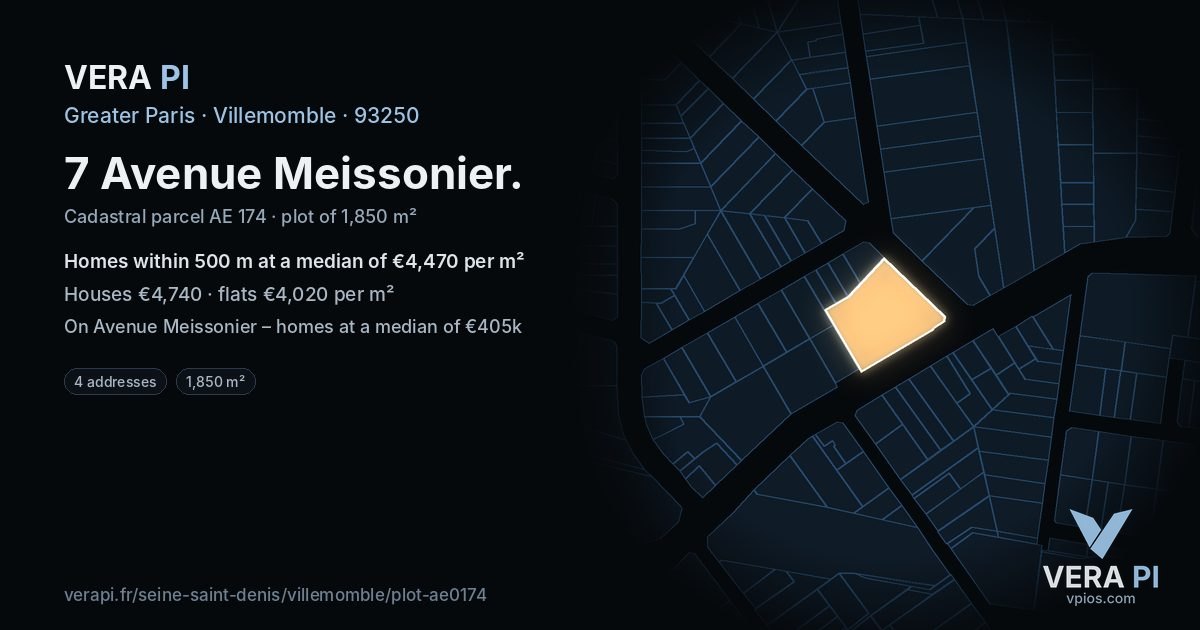 7 Avenue Meissonier, Villemomble at night – the plot lit, the parcels around coloured by the prices near them