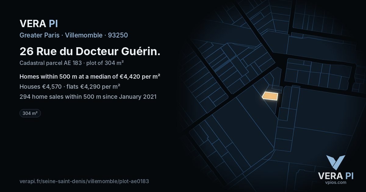 26 Rue du Docteur Guérin, Villemomble at night – the plot lit, the parcels around coloured by the prices near them