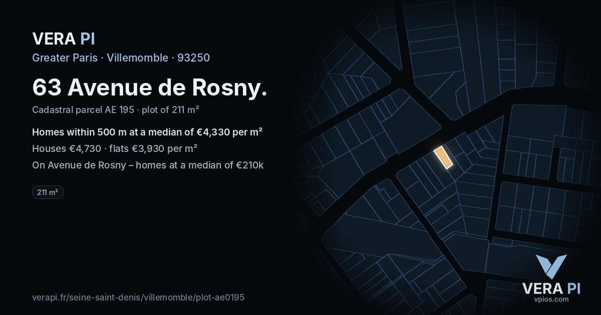 63 Avenue de Rosny, Villemomble at night – the plot lit, the parcels around coloured by the prices near them