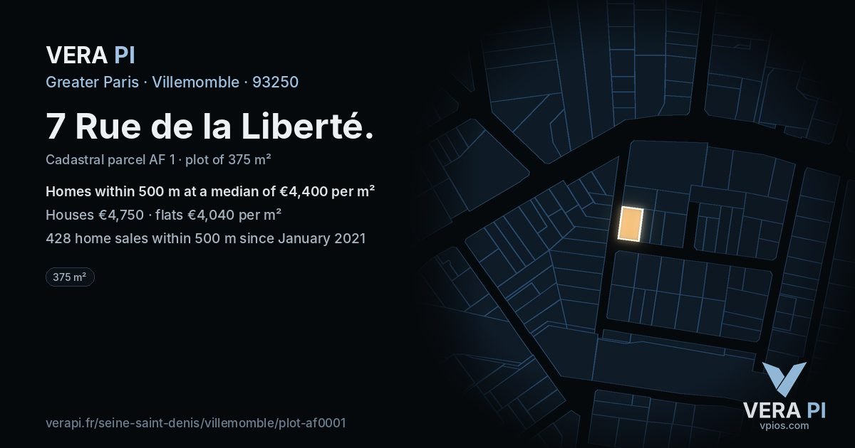 7 Rue de la Liberté, Villemomble at night – the plot lit, the parcels around coloured by the prices near them