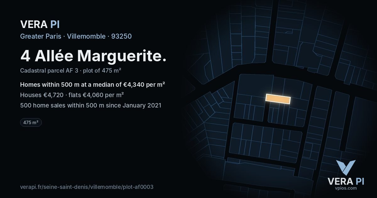 4 Allée Marguerite, Villemomble at night – the plot lit, the parcels around coloured by the prices near them
