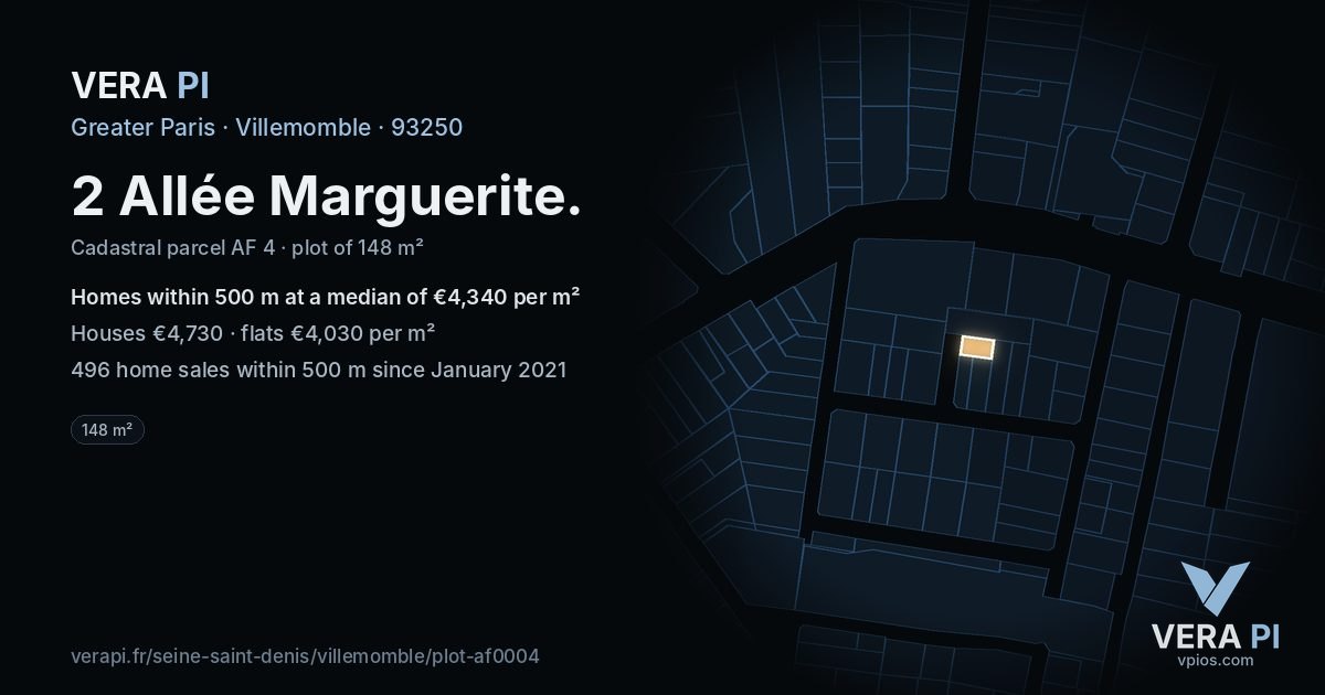 2 Allée Marguerite, Villemomble at night – the plot lit, the parcels around coloured by the prices near them
